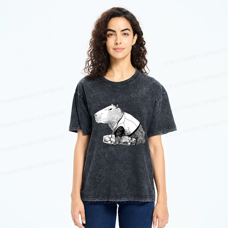 Tokyo-Tiger Funny Capybara Skateboard Washed T-Shirt
