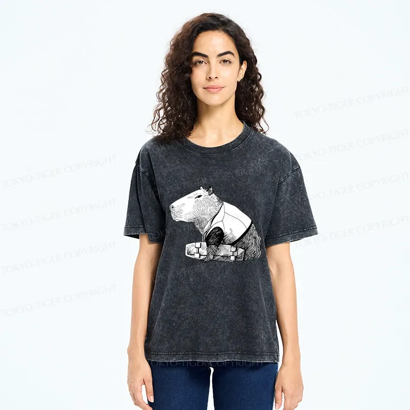 Tokyo-Tiger Funny Capybara Skateboard Washed T-Shirt