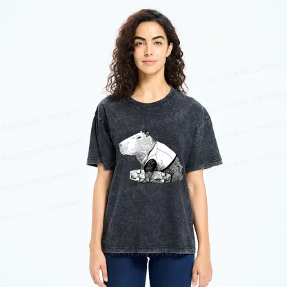 Tokyo-Tiger Funny Capybara Skateboard Washed T-Shirt