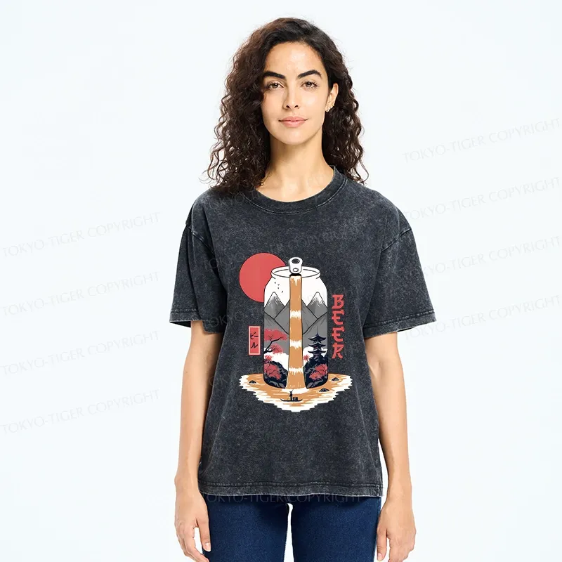 Tokyo-Tiger Japanese Retro Beer Landscape Washed T-Shirt