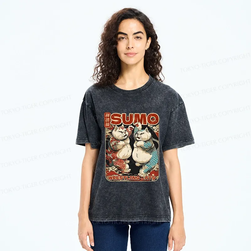 Tokyo-Tiger Wrestling Sumo Cats Washed T-Shirt