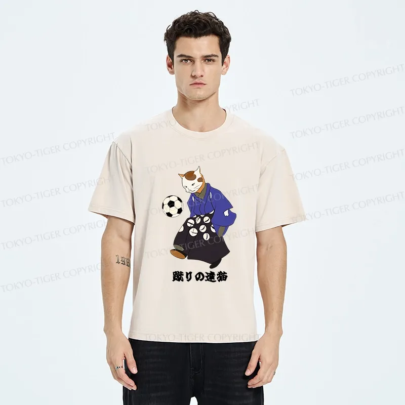 Tokyo-Tiger Cat Playing Football Washed T-Shirt