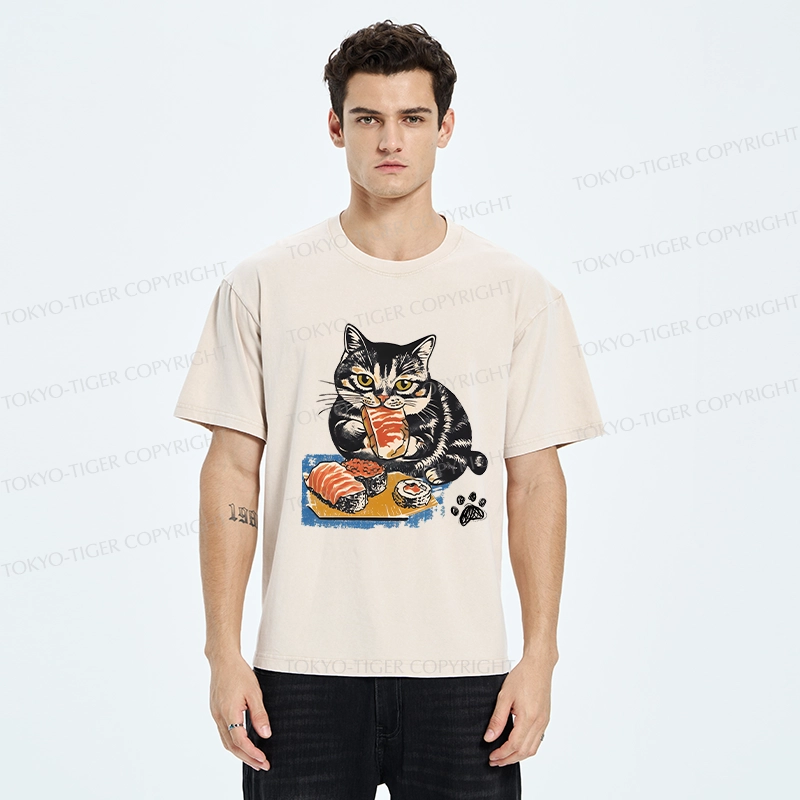 Tokyo-Tiger Sashimi Lover Cat Washed T-Shirt
