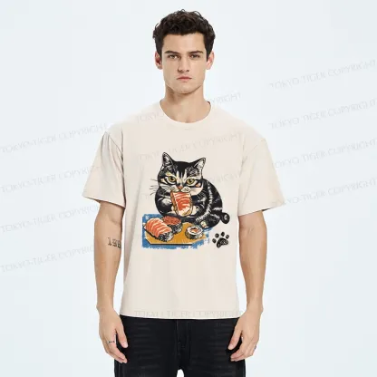 Tokyo-Tiger Sashimi Lover Cat Washed T-Shirt