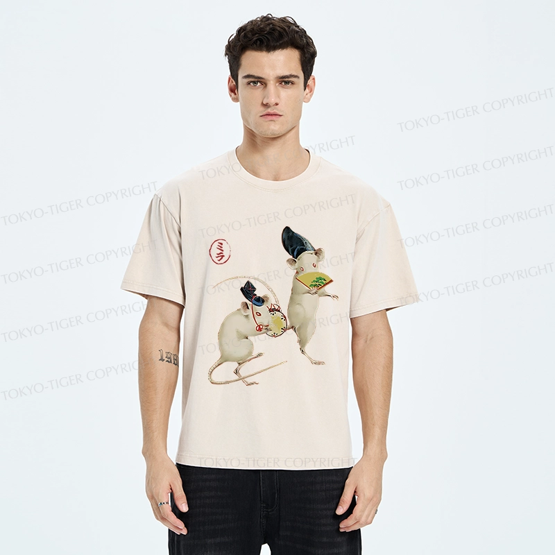 Tokyo-Tiger Retro Dancing Mouse Washed T-Shirt