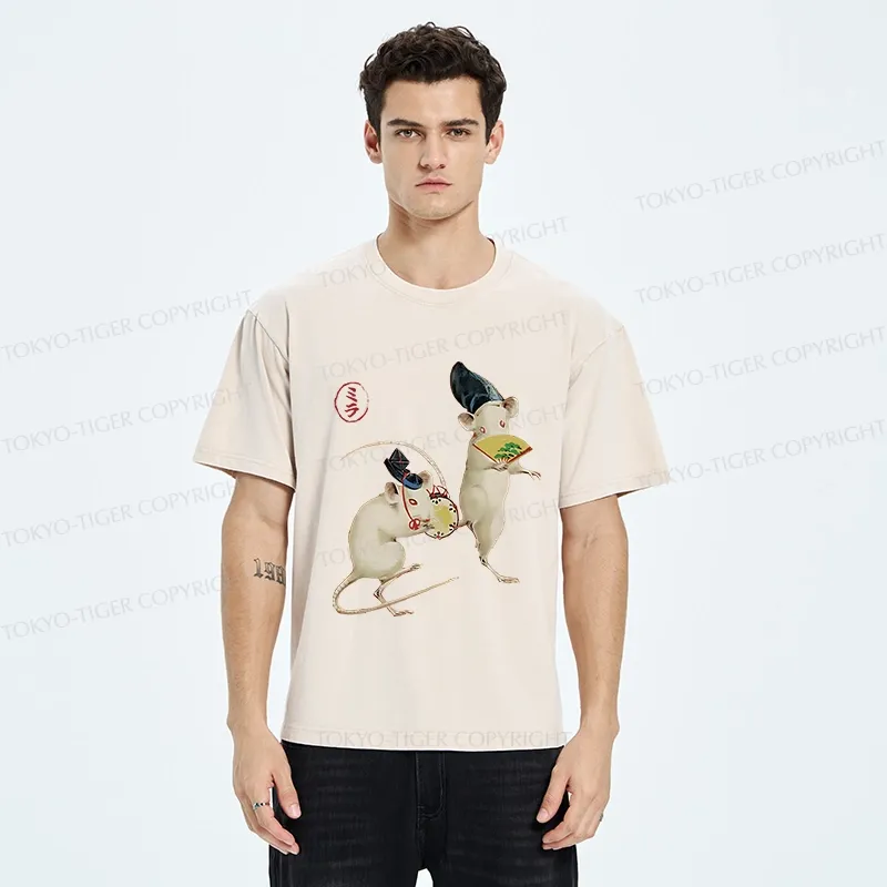 Tokyo-Tiger Retro Dancing Mouse Washed T-Shirt