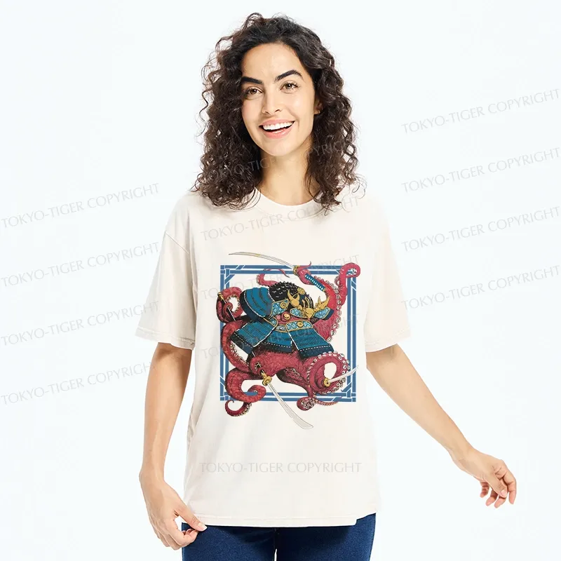Tokyo-Tiger Samurai Octopus Swinging Sword Washed T-Shirt