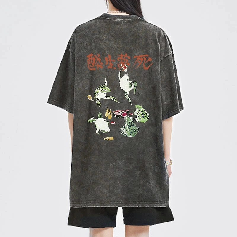 Tokyo-Tiger Japanese Frog Osake Kanji Front Back Washed T-Shirt