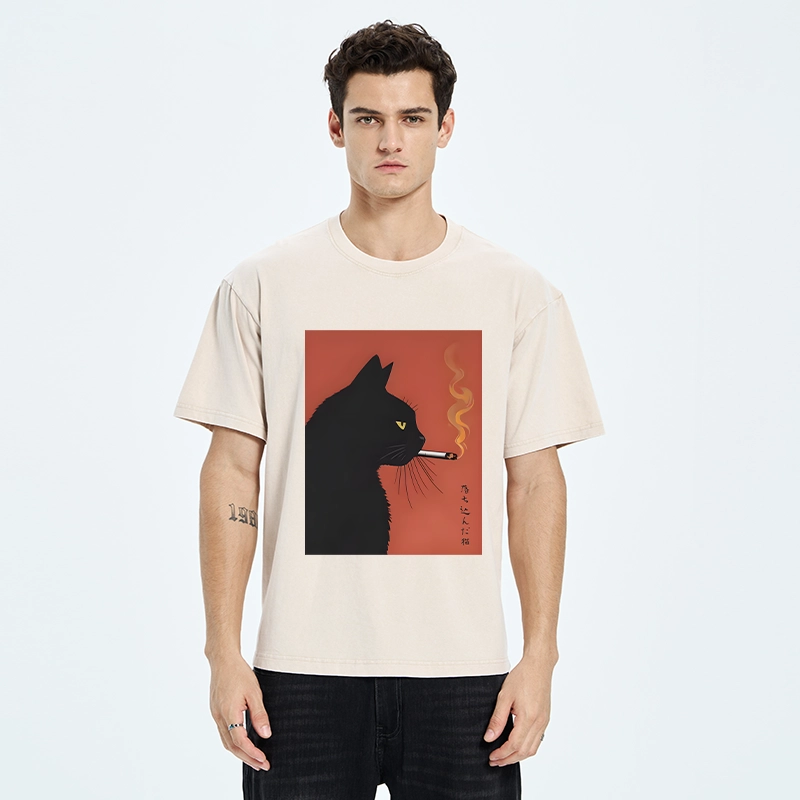 Tokyo-Tiger Black Cat With Cigarette Washed T-Shirt
