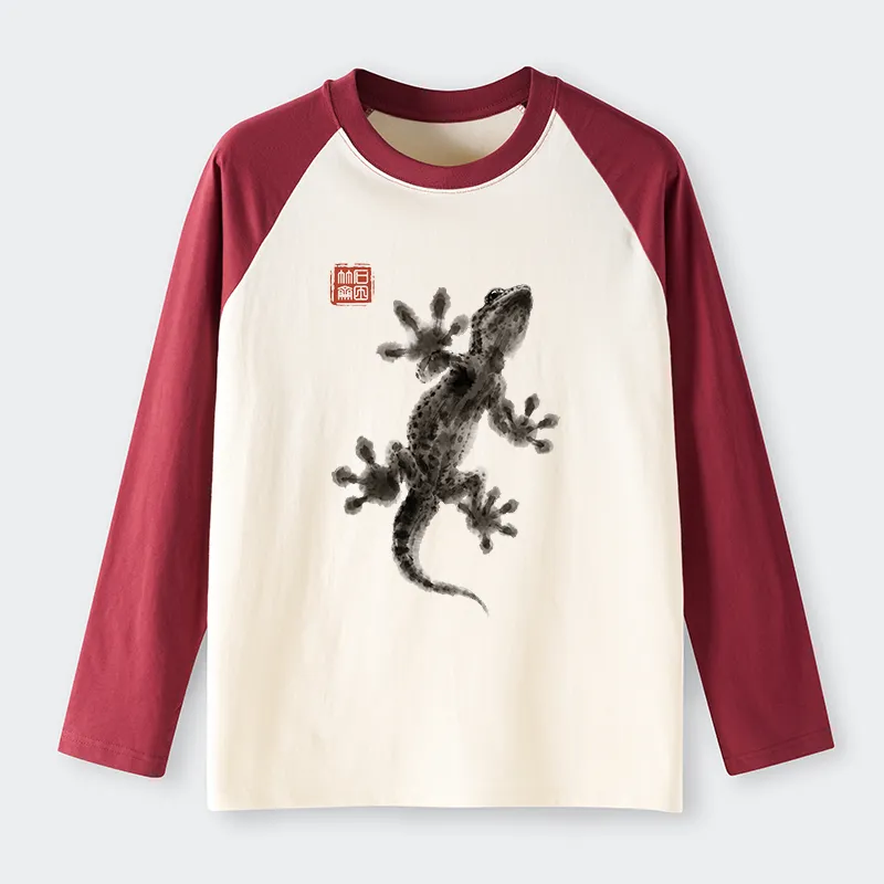 Tokyo-Tiger Minimal Asian Ink Brush Gecko Vibe Raglan Long Sleeve T-shirt