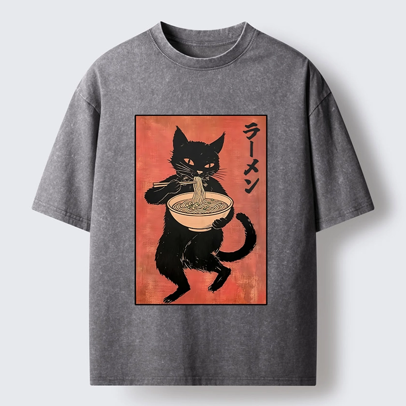 Tokyo‑Tiger Retro Cat Ramen Washed T‑Shirt