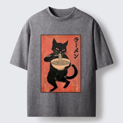 Tokyo‑Tiger Retro Cat Ramen Washed T‑Shirt
