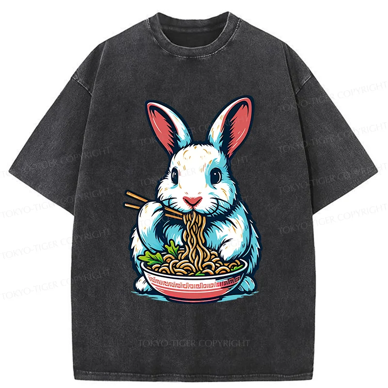 Tokyo-Tiger Easter Bunny Eating Ramen Washed T-Shirt