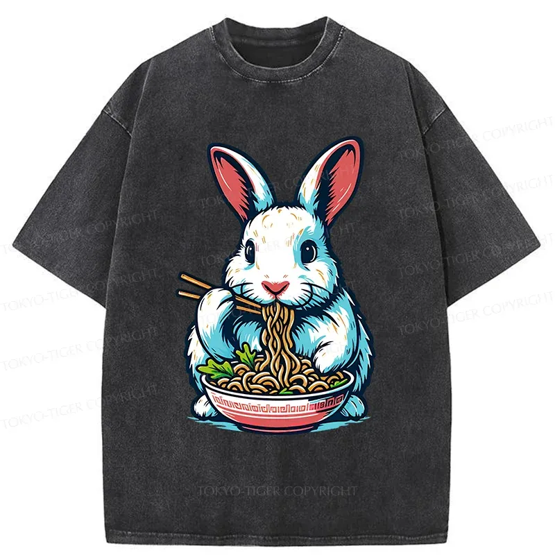 Tokyo-Tiger Easter Bunny Eating Ramen Washed T-Shirt