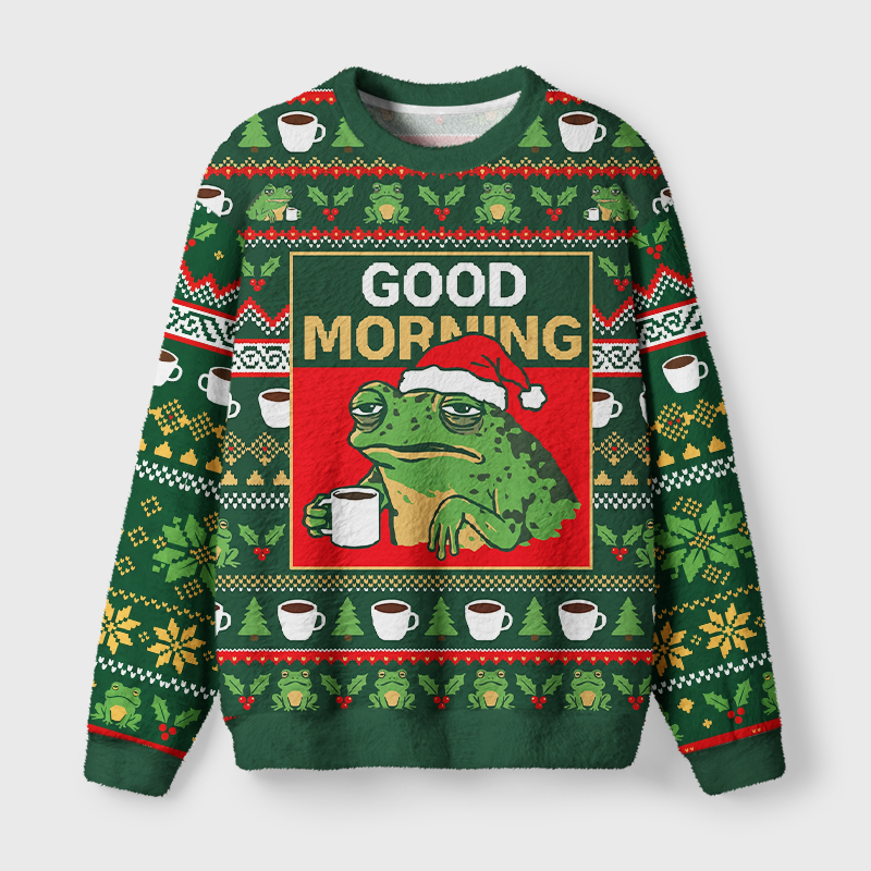 Tokyo-Tiger Good Morning Grumpy Frog Coffee Fuzzy Christmas Ugly Sweatshirt