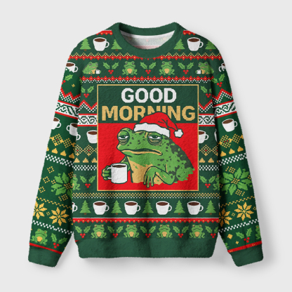 Tokyo-Tiger Good Morning Grumpy Frog Coffee Fuzzy Christmas Ugly Sweatshirt
