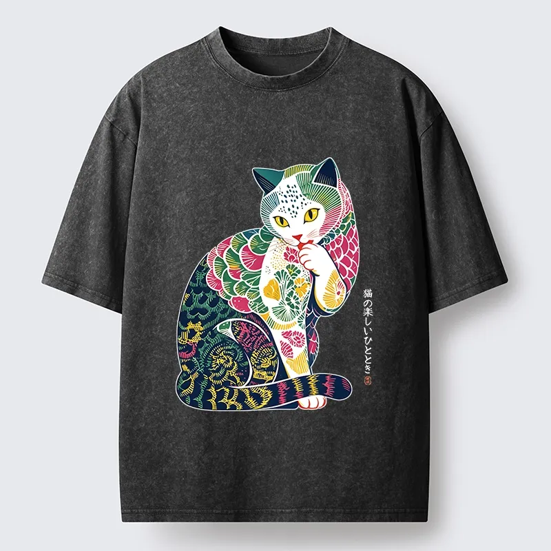 Tokyo‑Tiger Colorful Japanese Cat Washed T‑Shirt
