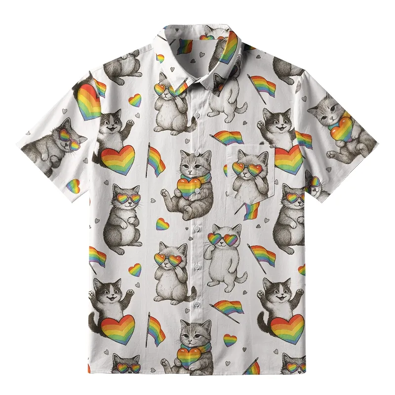 Tokyo-Tiger Kawaii Pride Cat Rainbow Accessories On Button-up Shirt