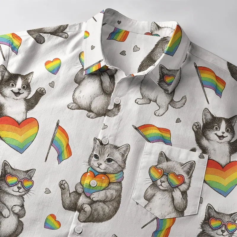 Tokyo-Tiger Kawaii Pride Cat Rainbow Accessories On Button-up Shirt
