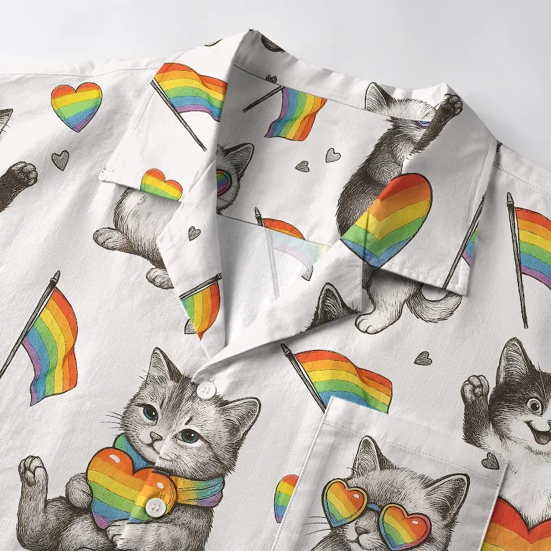 Tokyo-Tiger Kawaii Pride Cat Rainbow Accessories On Aloha Hawaiian Shirt