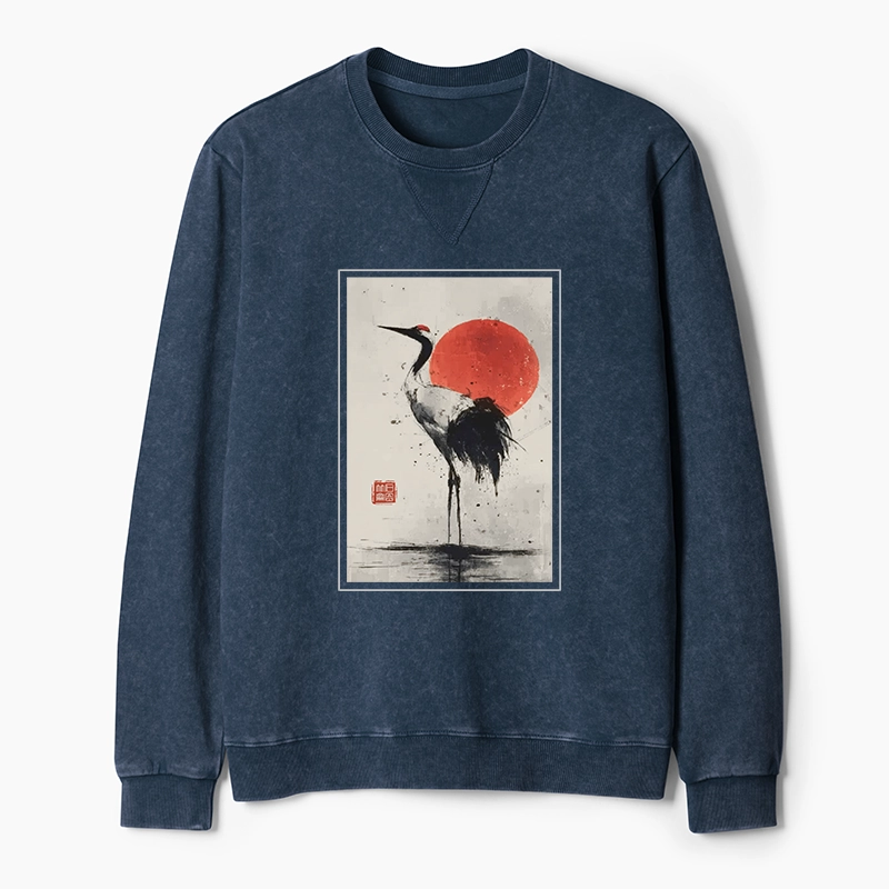 Tokyo-Tiger Retro Japanese Red-crowned Crane Washed Terry Sweatshirt