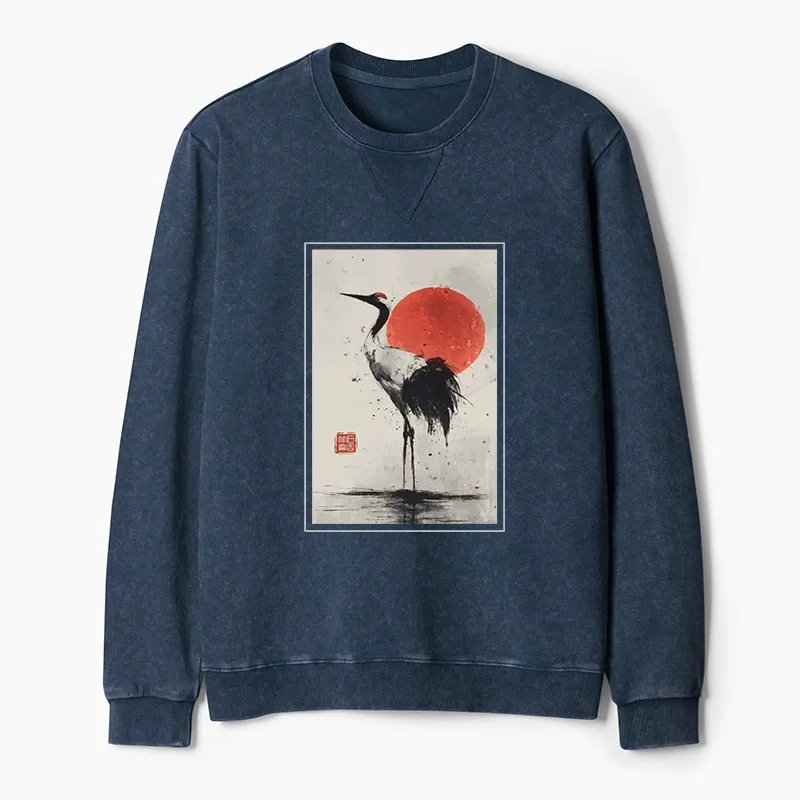 Tokyo-Tiger Retro Japanese Red-crowned Crane Washed Terry Sweatshirt