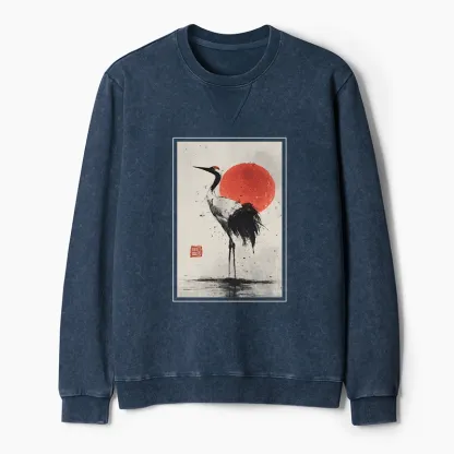 Tokyo-Tiger Retro Japanese Red-crowned Crane Washed Terry Sweatshirt