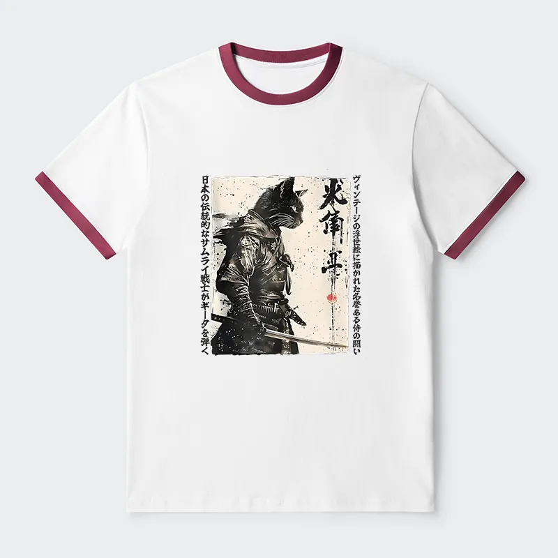 Tokyo-Tiger Cat Samurai Retro Contrast Trim T-Shirt