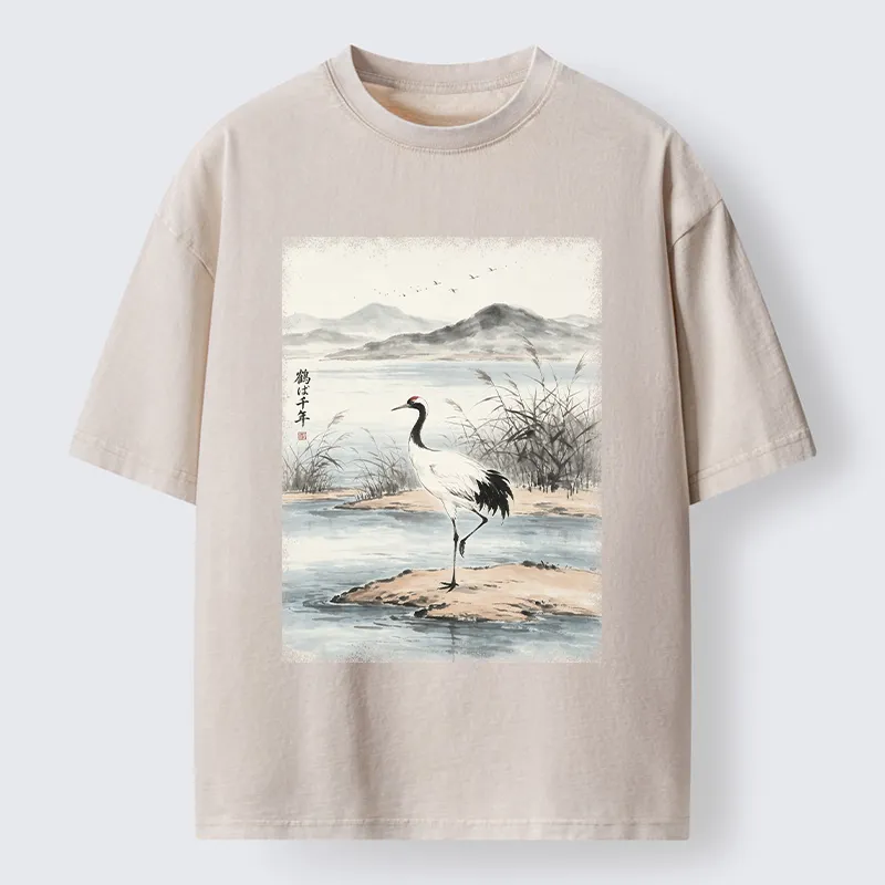 Tokyo-Tiger Serene Oriental Crane Art Washed T-Shirt