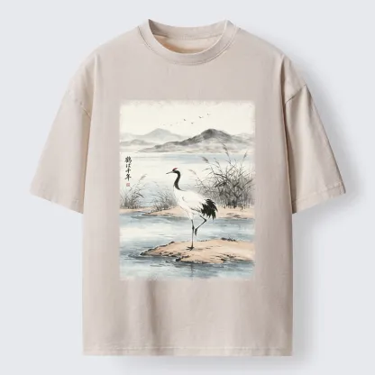 Tokyo-Tiger Serene Oriental Crane Art Washed T-Shirt