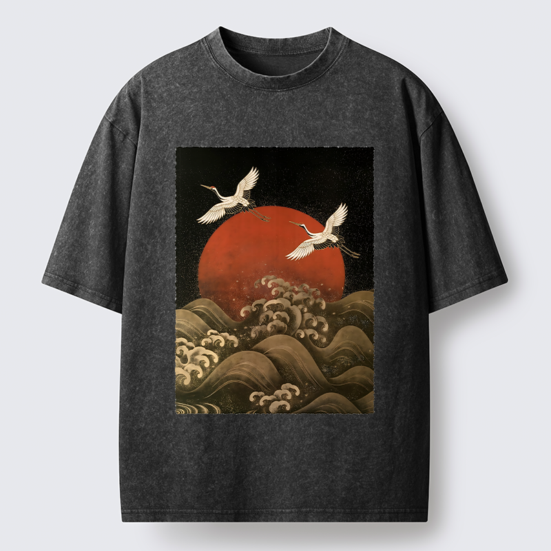Tokyo-Tiger Japanese Crane Wave Art Washed T-Shirt