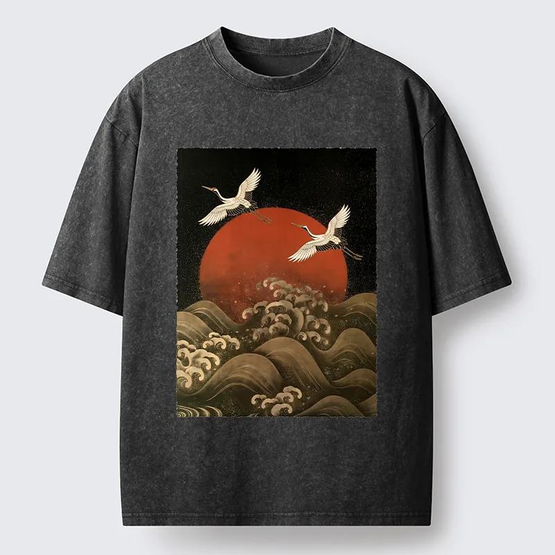 Tokyo-Tiger Japanese Crane Wave Art Washed T-Shirt