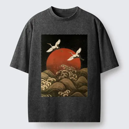 Tokyo-Tiger Japanese Crane Wave Art Washed T-Shirt