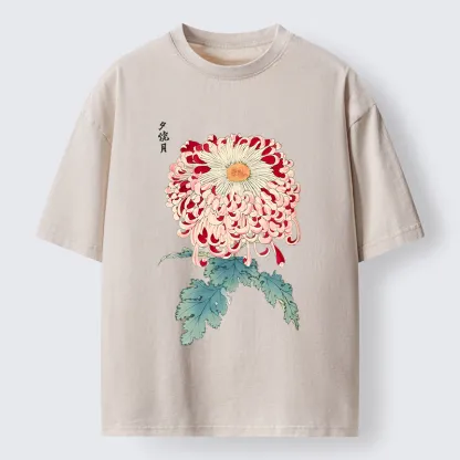 Tokyo-Tiger Vintage Chrysanthemum Art Washed T-Shirt