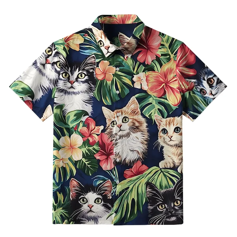 Tokyo-Tiger Cats With Tropical Floral Button-up Shirt
