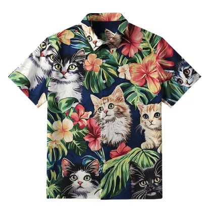 Tokyo-Tiger Cats With Tropical Floral Button-up Shirt