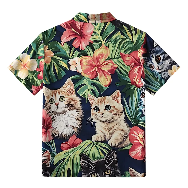 Tokyo-Tiger Cats With Tropical Floral Button-up Shirt