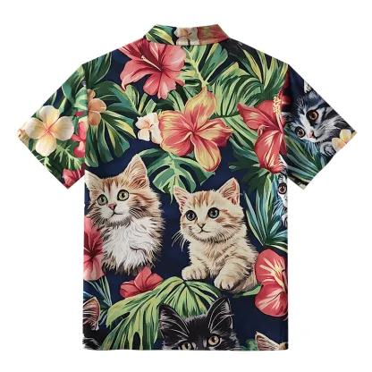 Tokyo-Tiger Cats With Tropical Floral Button-up Shirt