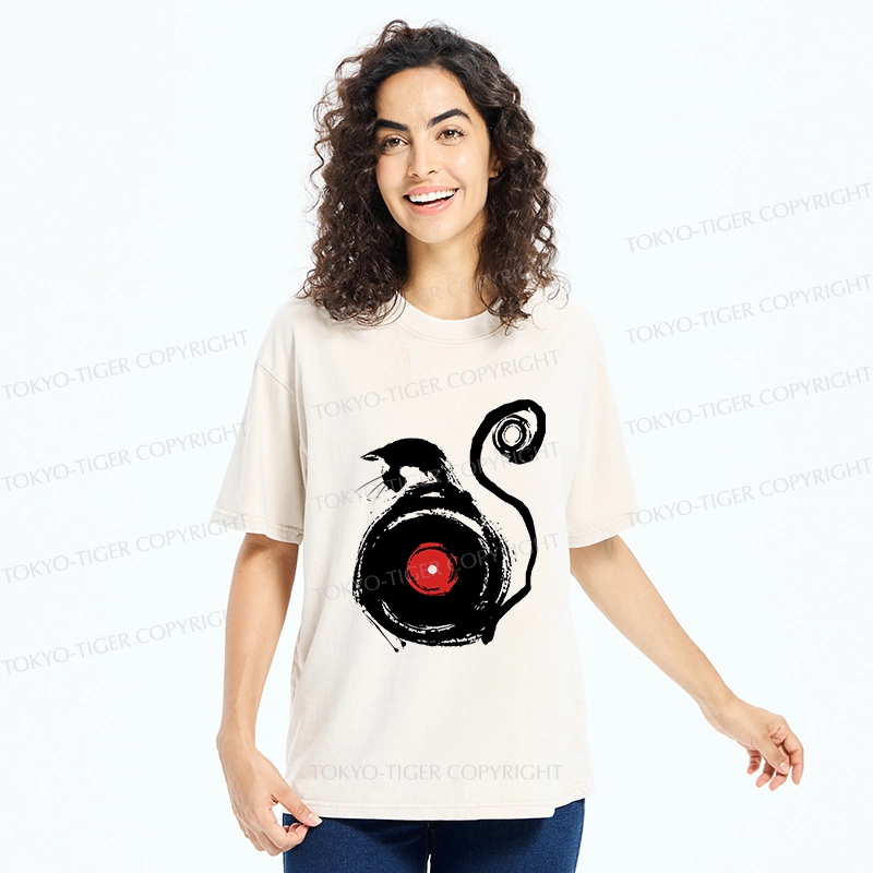 Tokyo-Tiger Vinyl Cat Silhouette Washed T-Shirt