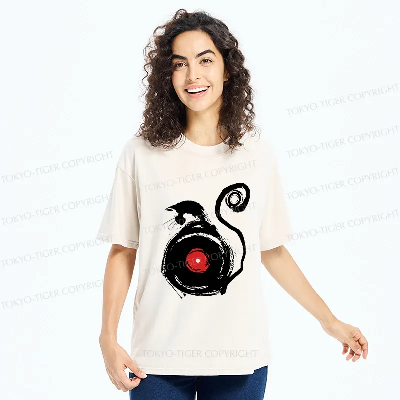 Tokyo-Tiger Vinyl Cat Silhouette Washed T-Shirt