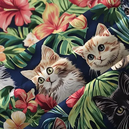 Tokyo-Tiger Cats With Tropical Floral Button-up Shirt
