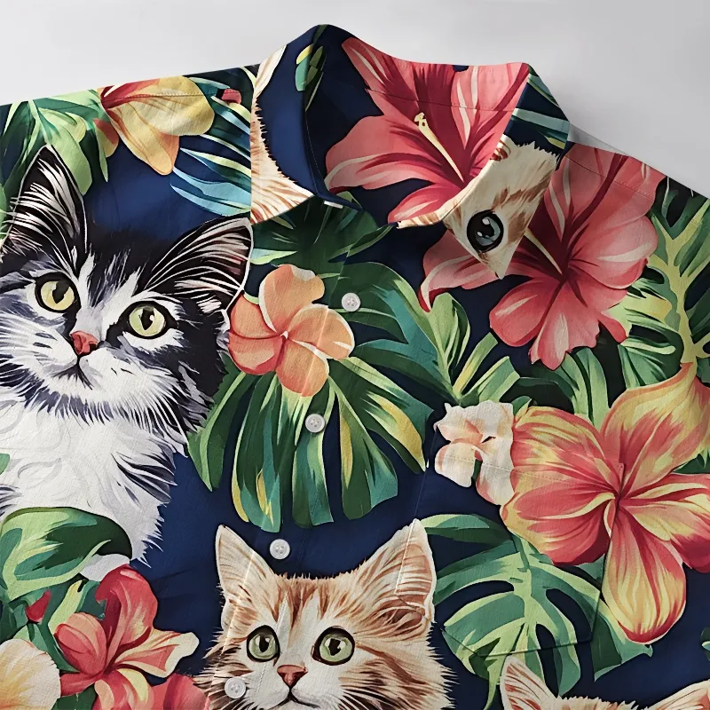Tokyo-Tiger Cats With Tropical Floral Button-up Shirt