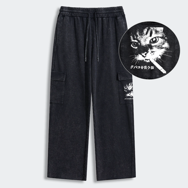 Tokyo-Tiger Retro Cat Smoking Washed Utility Sweatpants