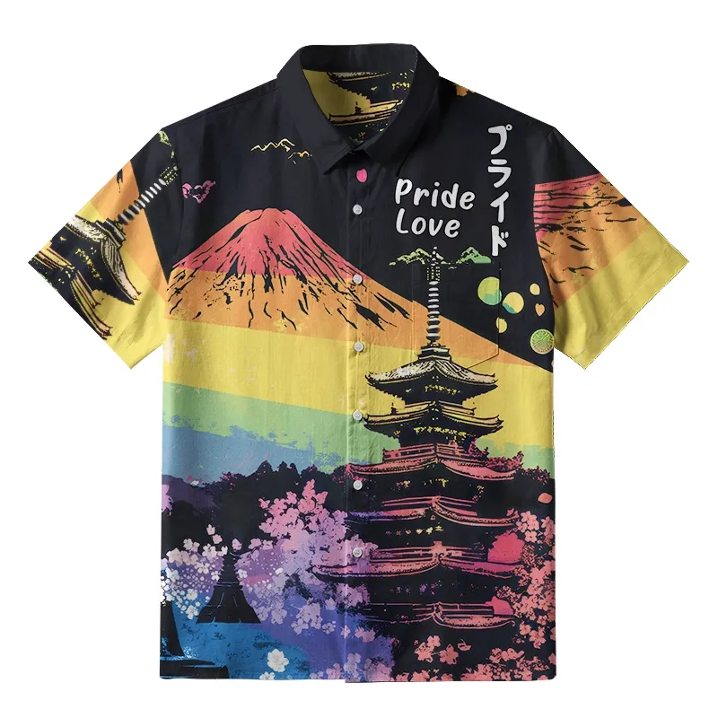 Tokyo-Tiger Pride Rainbow Mt. Fuji Landscape Button-up Shirt