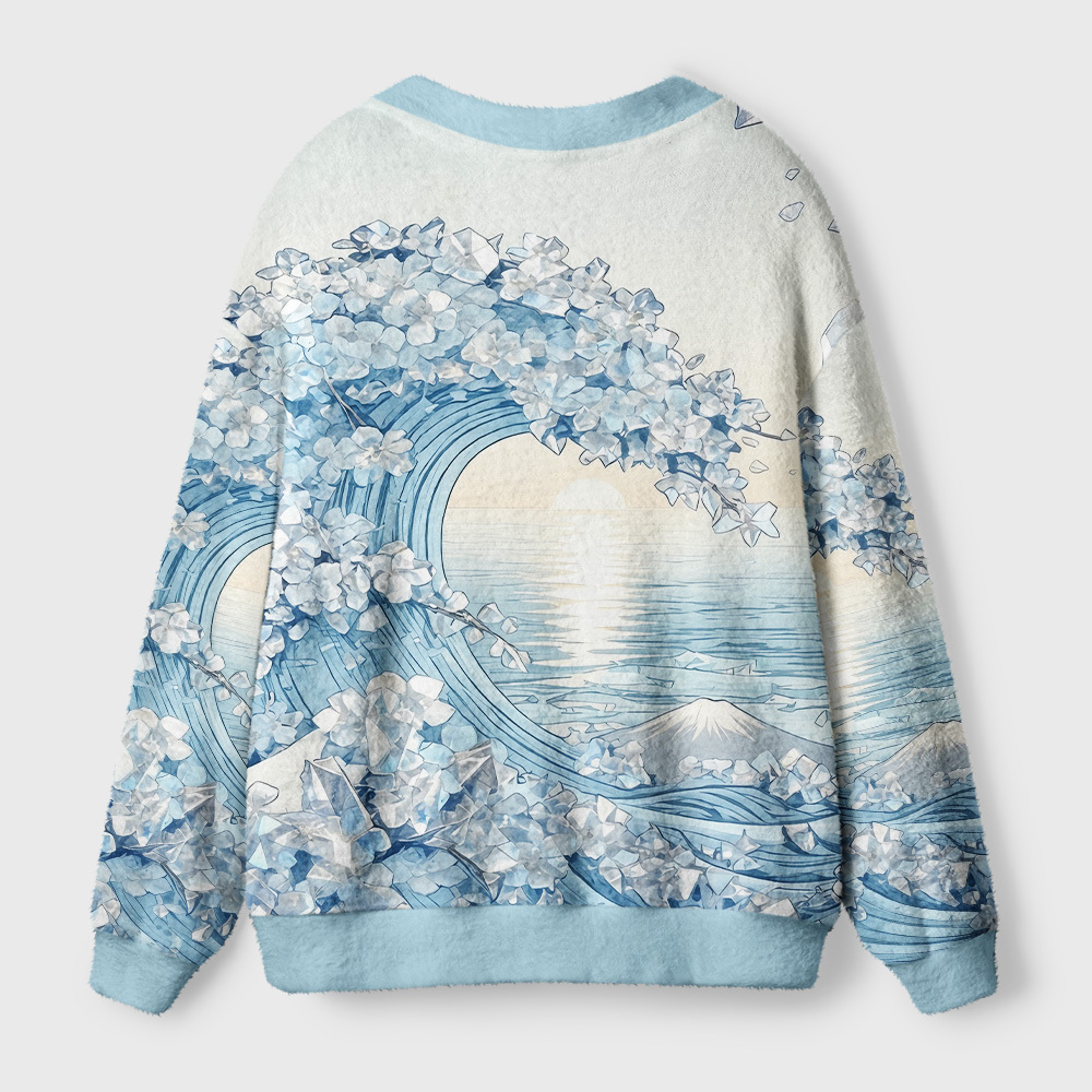 Tokyo-Tiger Crystal‑Cherry Blossom Wave Ugly Cardigan Sweater