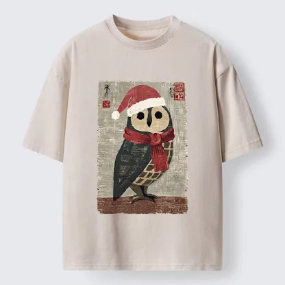 Tokyo-Tiger Christmas Owl Santa Hat Washed T-Shirt