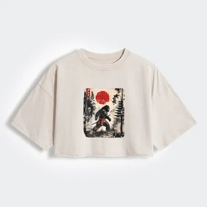 Tokyo-Tiger Japanese Samurai Bigfoot Women's Washed Crop T-Shirt