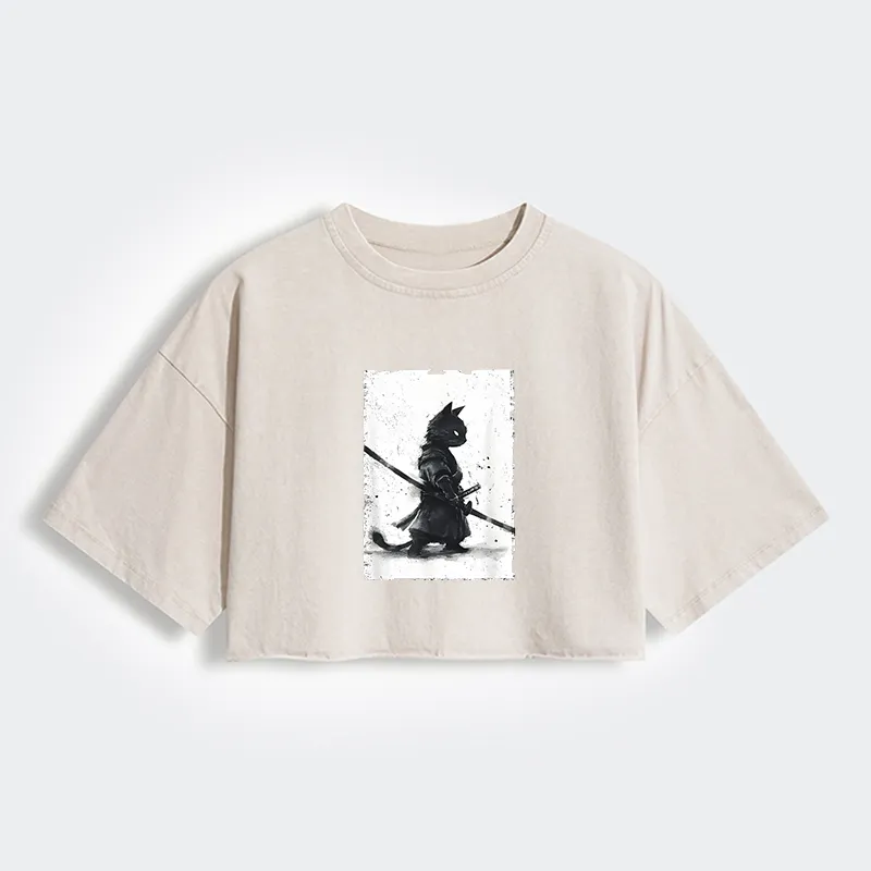 Tokyo-Tiger Retro Cat Samurai Japanese Women's Washed Crop T-Shirt