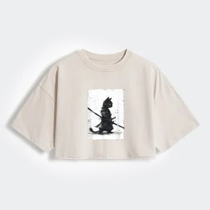 Tokyo-Tiger Retro Cat Samurai Japanese Women's Washed Crop T-Shirt