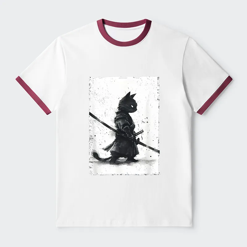 Tokyo-Tiger Retro Cat Samurai Japanese Contrast Trim T-Shirt
